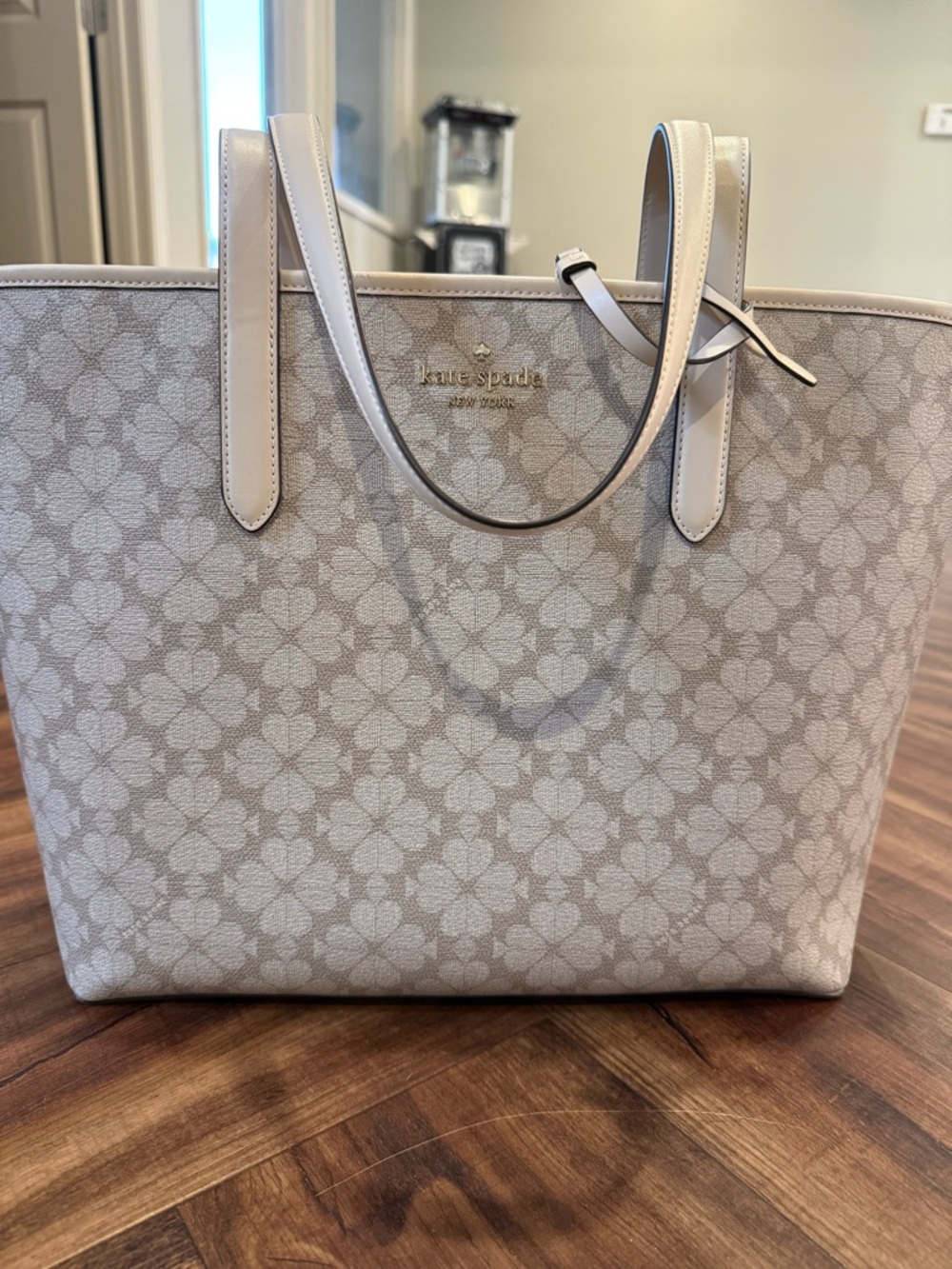 kate spade Ivory Floral Jacquard Tote with Cream Leather Handles